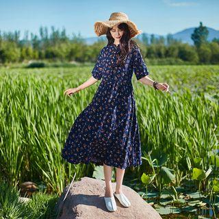 Floral Elbow-sleeve Dress Blue - One Size
