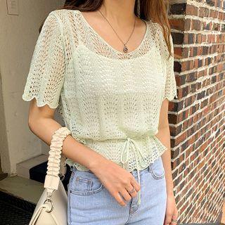 Drawstring-waist Open-knit Top