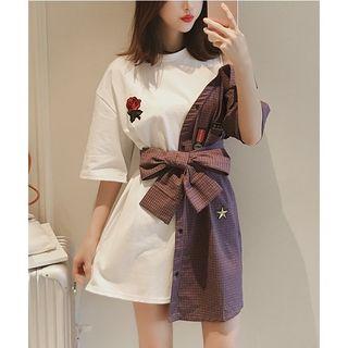 Contrast Panel Embroidered Elbow-sleeve T-shirt Dress
