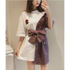 Contrast Panel Embroidered Elbow-sleeve T-shirt Dress