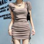 Square-neck Short Sleeve Draw-string Bodycon Dress