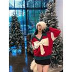 V-neck Color-block Bow Oversize Sweater Red - One Size