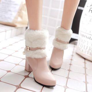 Furry Buckled Chunky Heel Short Boots