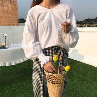 Ruffle Trim Blouse / Check Wide Leg Pants