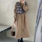 Plaid Single Breasted Vest / Long-sleeve Single Breasted Plain Loose Fit Shirt Dress