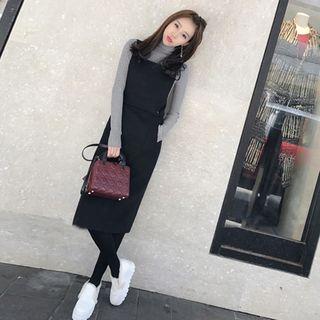 Set: Long-sleeve Turtleneck Knit Top + Straight Cut Midi Pinafore Dress