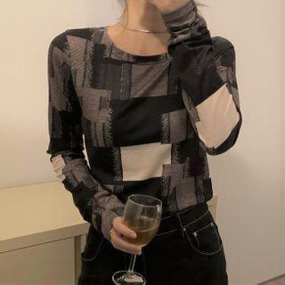 Long-sleeve Plaid T-shirt Black & Brown - One Size