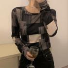 Long-sleeve Plaid T-shirt Black & Brown - One Size