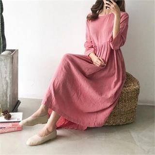 Shirred Linen Blend Long Empire Dress