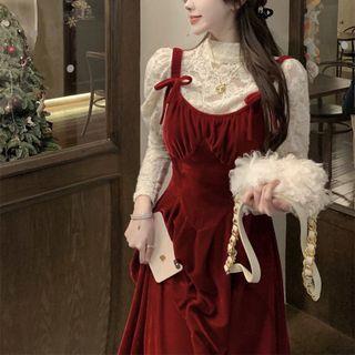 Spaghetti Strap Velvet Midi A-line Dress / Long-sleeve Mock-neck Lace Top