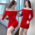 Long-sleeve Off-shoulder Velvet Mini Dress