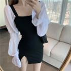 Long-sleeve Panel Sheath Dress Black & White - One Size