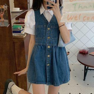 Short Sleeve Shirt / Sleeveless V-neck Denim Dress