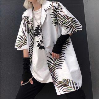 Elbow-sleeve Leaf Print Shirt White - One Size