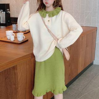 Set: Knit Polo Shirt + Midi Skirt