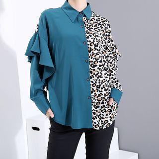 Leopard Print Panel Ruffle Shirt