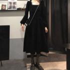 Long-sleeve Contrast Trim Midi A-line Dress Black - One Size