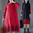 Long-sleeve Embroidered Frog-buttoned A-line Dress