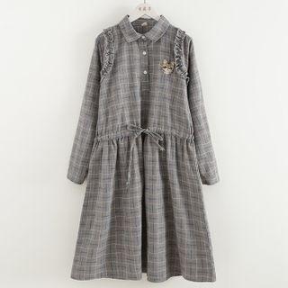Plaid Long-sleeve Midi A-line Dress Gray - One Size