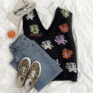V-neck Printed Knit Vest Black - One Size