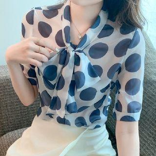 Short-sleeve Ribbon Dotted Chiffon Blouse