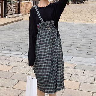 Long-sleeve Mock Two-piece Plaid Midi Smock Dress