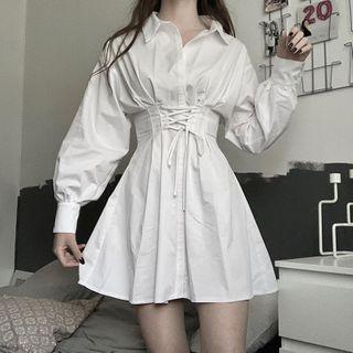Plain Long-sleeve Shirt A-line Dress