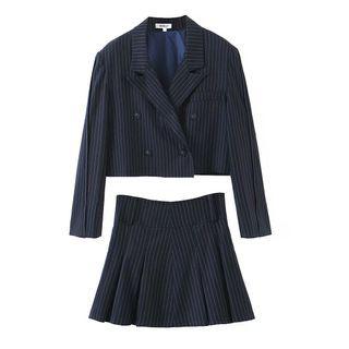 Set: Pinstriped Double-breasted Blazer + Mini A-line Skirt