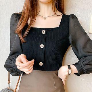 Square-neck Puff-sleeve Chiffon Cardigan