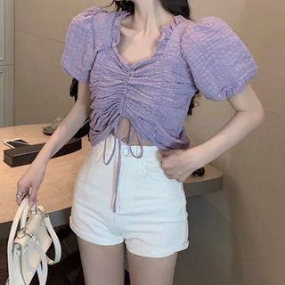 Drawstring Ruched Puff-sleeve Top