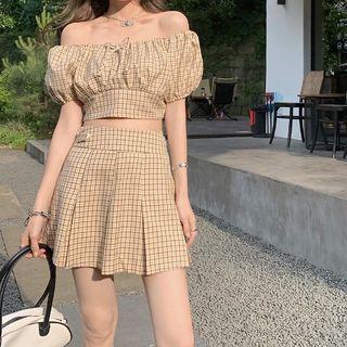 Short-sleeve Plaid Off-shoulder Cropped Blouse / Mini Skirt