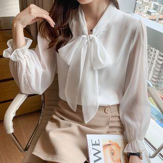 Bell-sleeve Ribbon Tie-neck Chiffon Blouse
