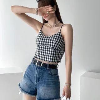 Spaghetti-strap Dot / Gingham Crop Top