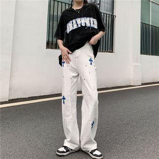 High Waist Cross Splashed Straight Leg Jeans