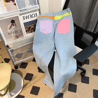 Mid Rise Color Block Wide Leg Jeans