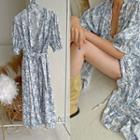 Frill-trim Patterned Long Wrap Dress Ivory - One Size