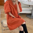 Puff-sleeve V-neck Loose Fit Dress