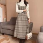 Belted Plaid Long Pinafore Dress