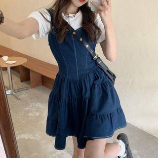 Short-sleeve Plain T-shirt / Spaghetti Strap Denim Mini A-line Dress