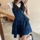 Short-sleeve Plain T-shirt / Spaghetti Strap Denim Mini A-line Dress