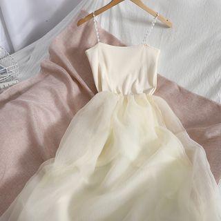 Spaghetti Strap A-line Mesh Dress Almond - One Size