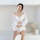 Set: Long-sleeve Off-shoulder Lace Tankini Top + High Waist Bottom