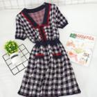 Plaid Short-sleeve Collared A-line Dress Navy Blue - One Size