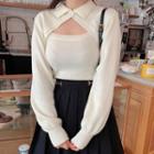 Mock Two-piece Polo-neck Knit Top White - One Size