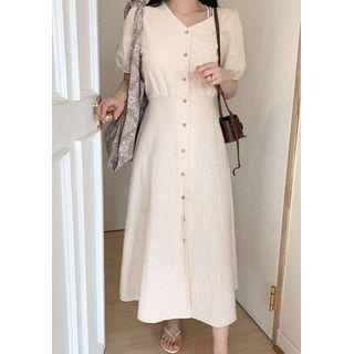 Puff-sleeve Buttoned Long Dress