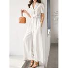 Notch-collar Wide-leg Jumpsuit With Sash