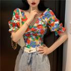 Puff-sleeve V-neck Floral Cropped Blouse Blue & Red - One Size