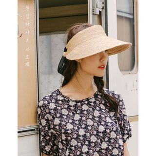 Beribboned Woven Rattan Sun Cap Beige - One Size