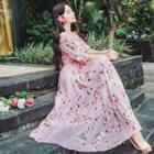 Flower Embroidered Off Shoulder Elbow Sleeve Chiffon Dress