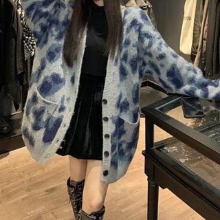Leopard Print Cardigan Light Gray & Blue - One Size